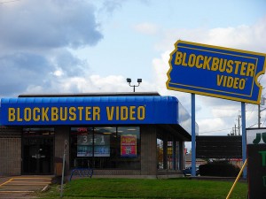 Blockbuster location in Moncton, NB, Canada, now closed, displays original company logo on its signage.